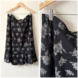 90s Vintage Whimsical‎ Floral Fairy A-Line Ruffle Black White Paisley Midi Skirt